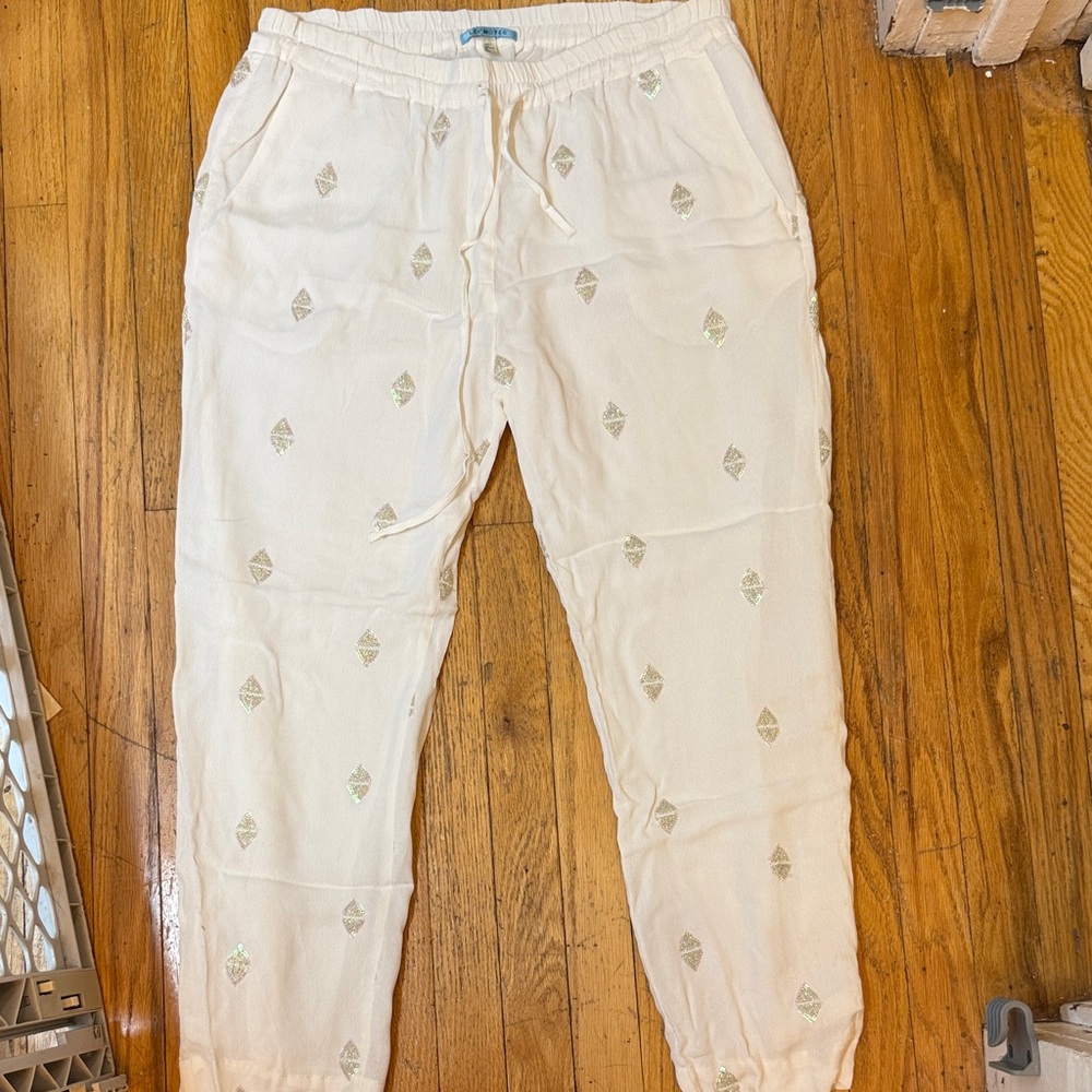 Anthropologie White Jogger Pants with Silver Accents